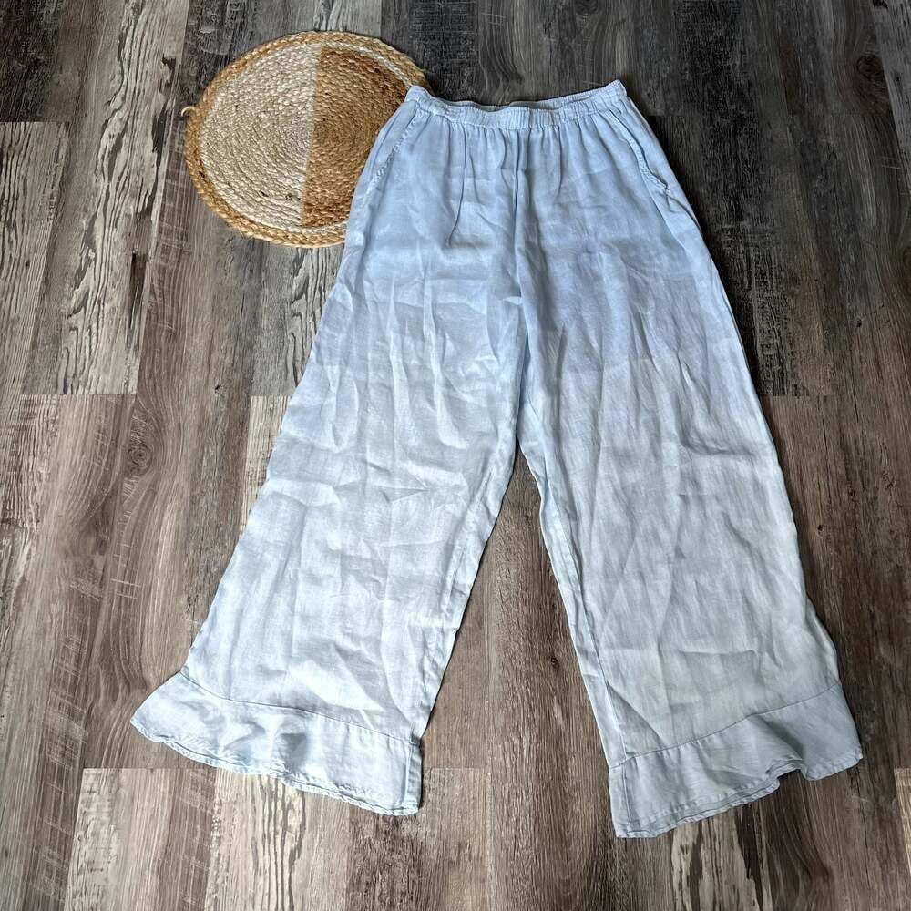 MATCH POINT Womens Linen Pants Medium Light Blue Wide Leg Ruffle Hem USA
